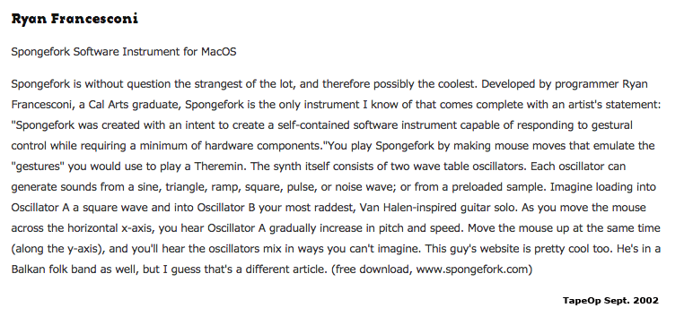 TapeOp Magazine review of Spongefork